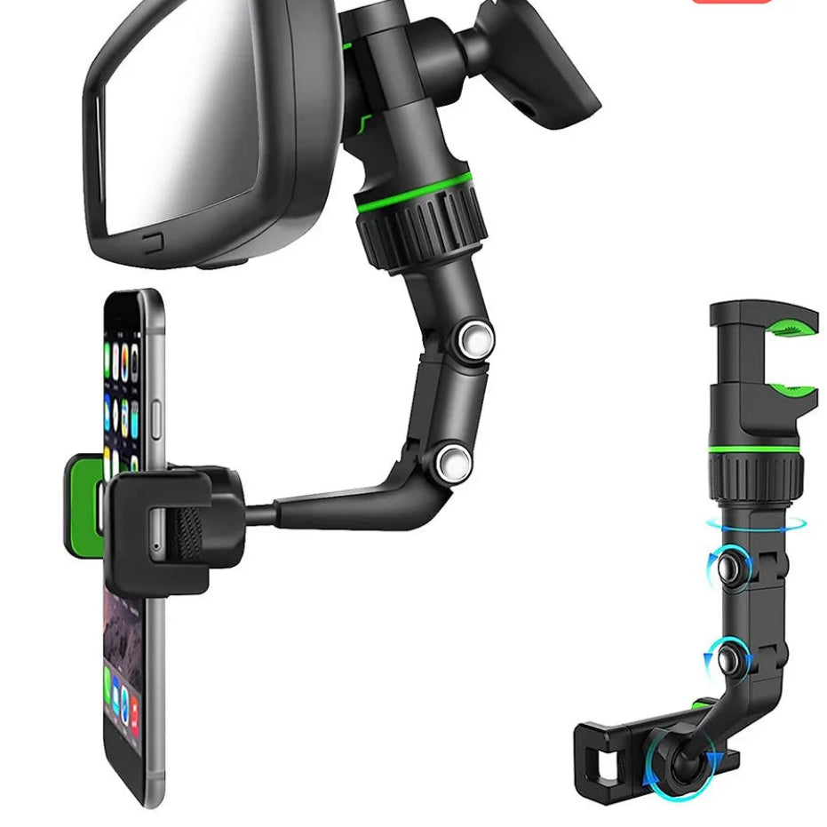 Multifunction Rearview Mirror Phone Holder with 360° Rotation & Adjustable Arm