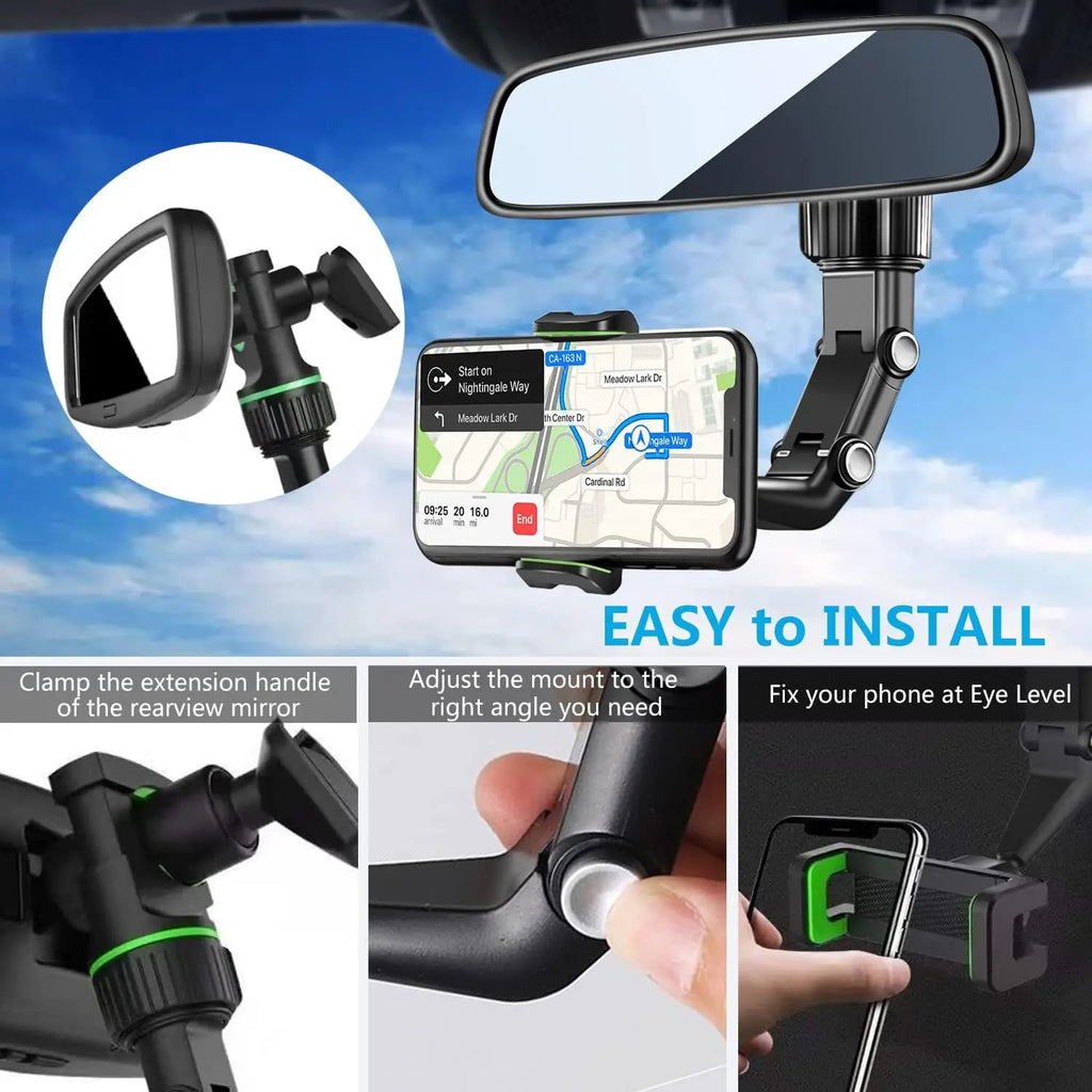 Multifunction Rearview Mirror Phone Holder with 360° Rotation & Adjustable Arm