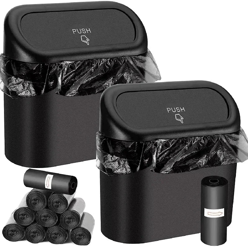 No-Spill Mini Car Trash Can with Lid + Refill Bags Included