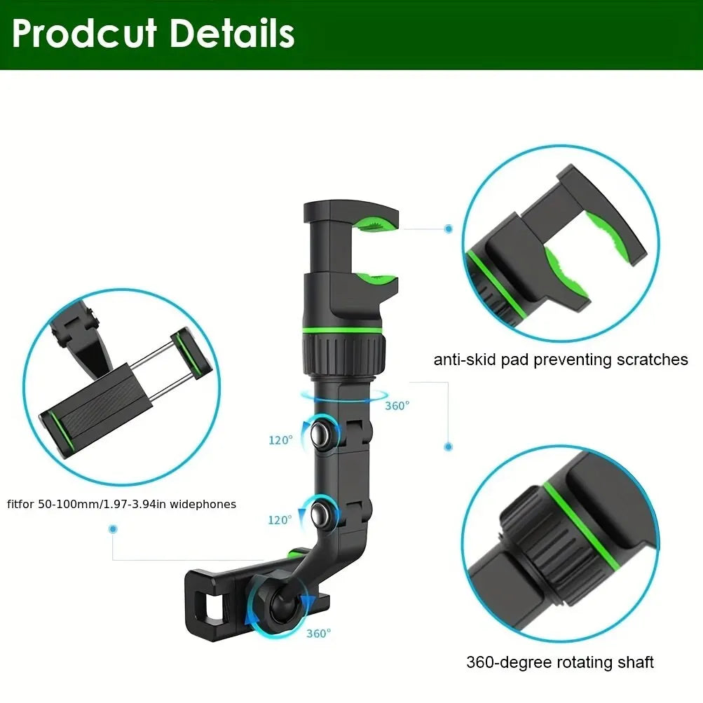 Multifunction Rearview Mirror Phone Holder with 360° Rotation & Adjustable Arm